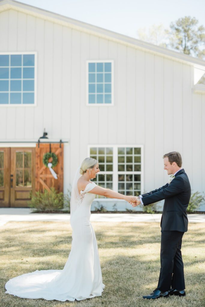 4T Vineyards wedding first look in Alabama with bride and groom