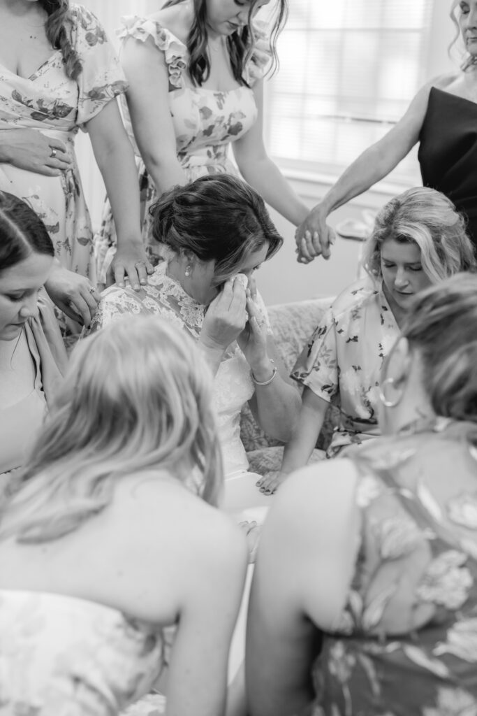 Emotional moment before the wedding ceremony at Reid Chapel in Birmingham Alabama with bride and bridesmaids