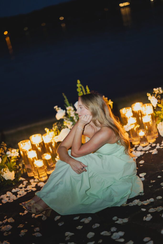 candlelit lakeside proposal scene at night at Smith Lake Alabama