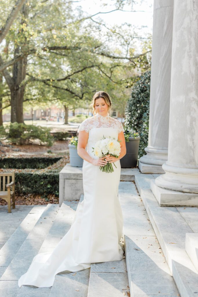 Bridal portrait with wedding dress from Carriage House before ceremony at Reid Chapel in Birmingham Alabama