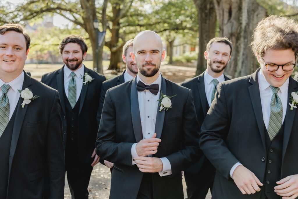 Groom and groomsmen in classic suits during Birmingham Alabama wedding day