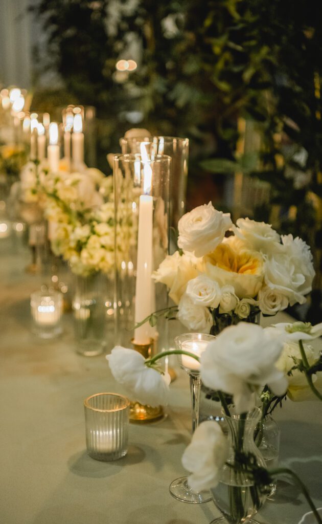 Elegant wedding reception at The Club in Birmingham Alabama with candlelight and floral design