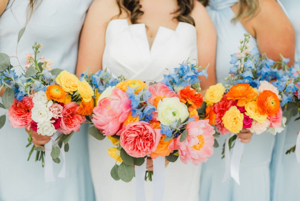 Bridal details with colorful florals at Hoyt Hollow wedding in Alabama