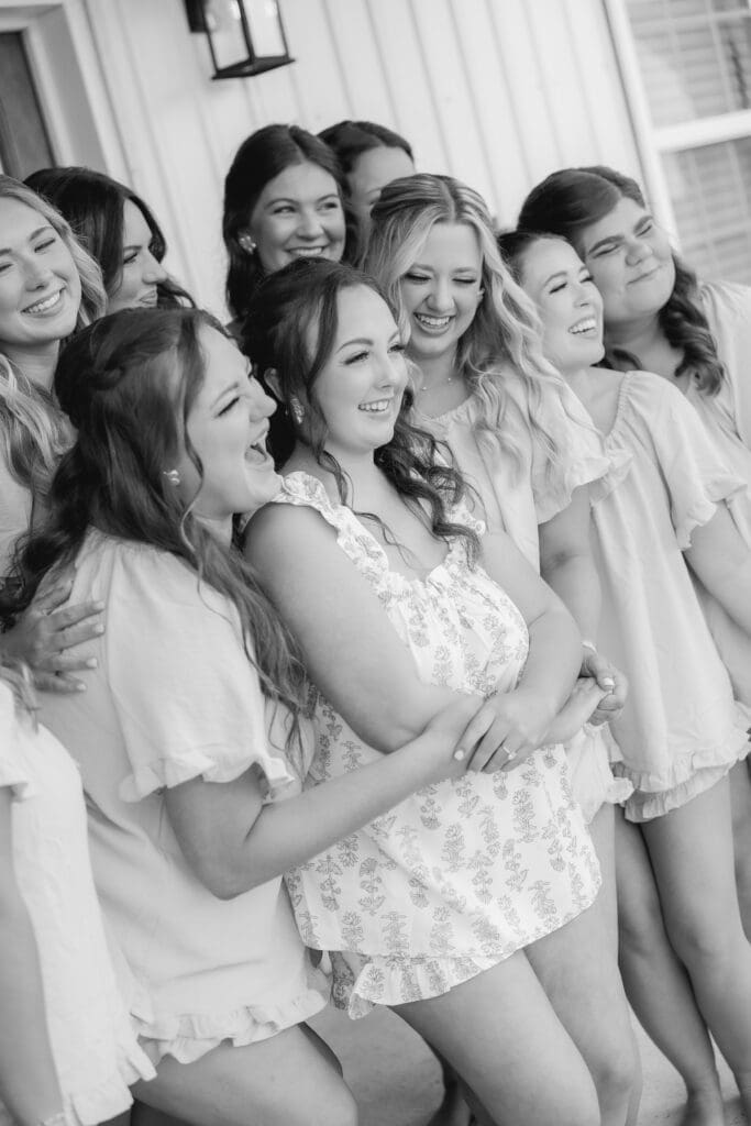 Bride and bridesmaids getting ready with PJ's before Hoyt Hollow wedding ceremony
