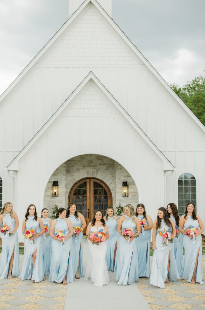 Bridal party with colorful florals at Hoyt Hollow wedding in Alabama