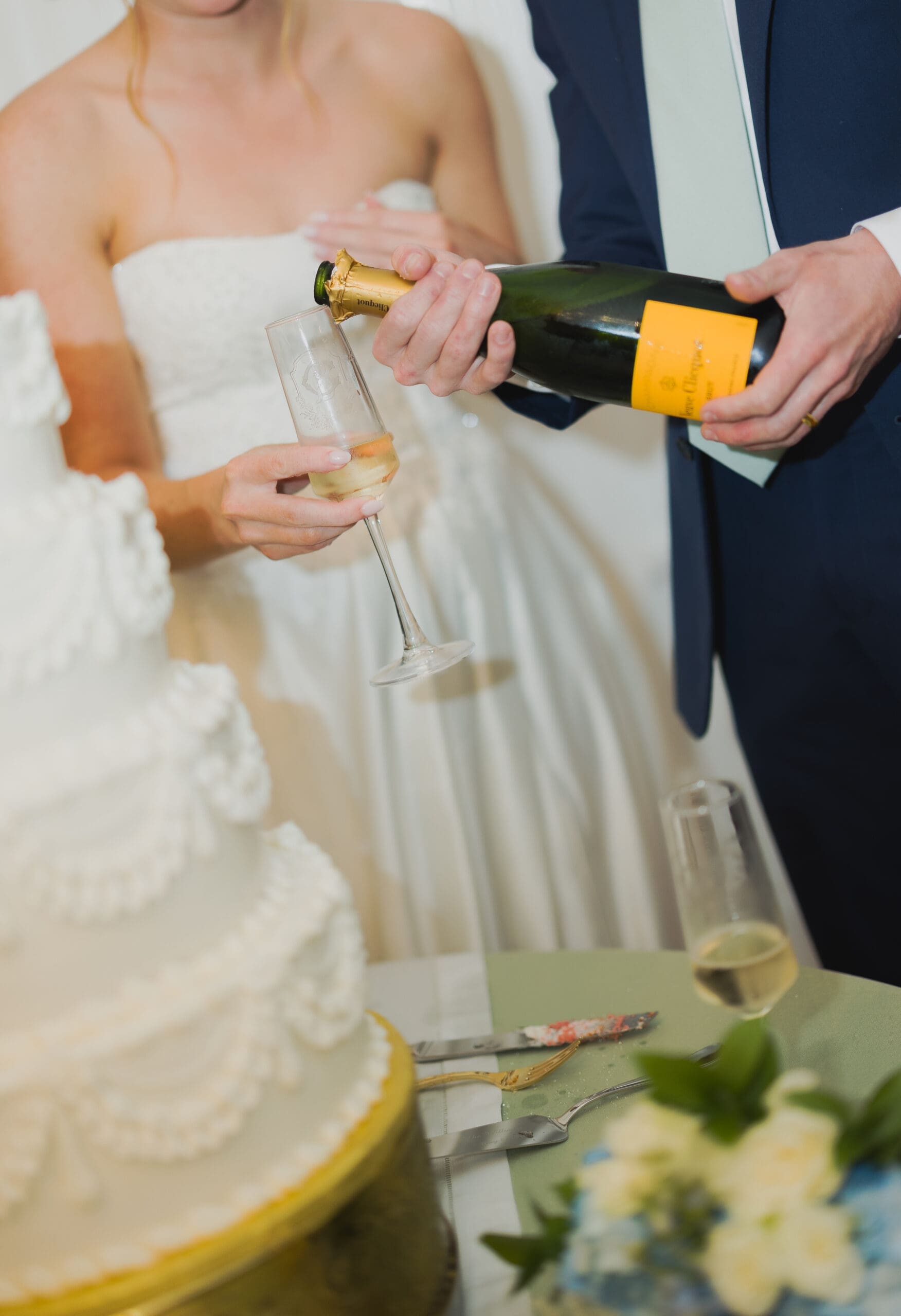 Wedding reception champagne and cake details in Alabama