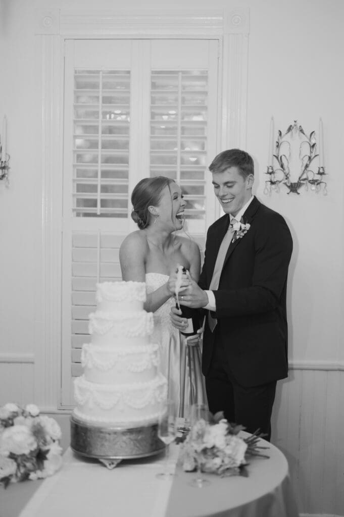 Wedding reception champagne and cake details in Alabama