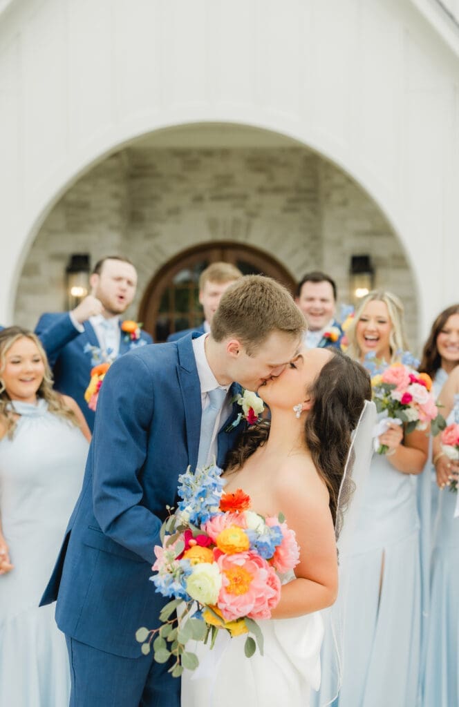 Bridal party with colorful florals at Hoyt Hollow wedding in Alabama