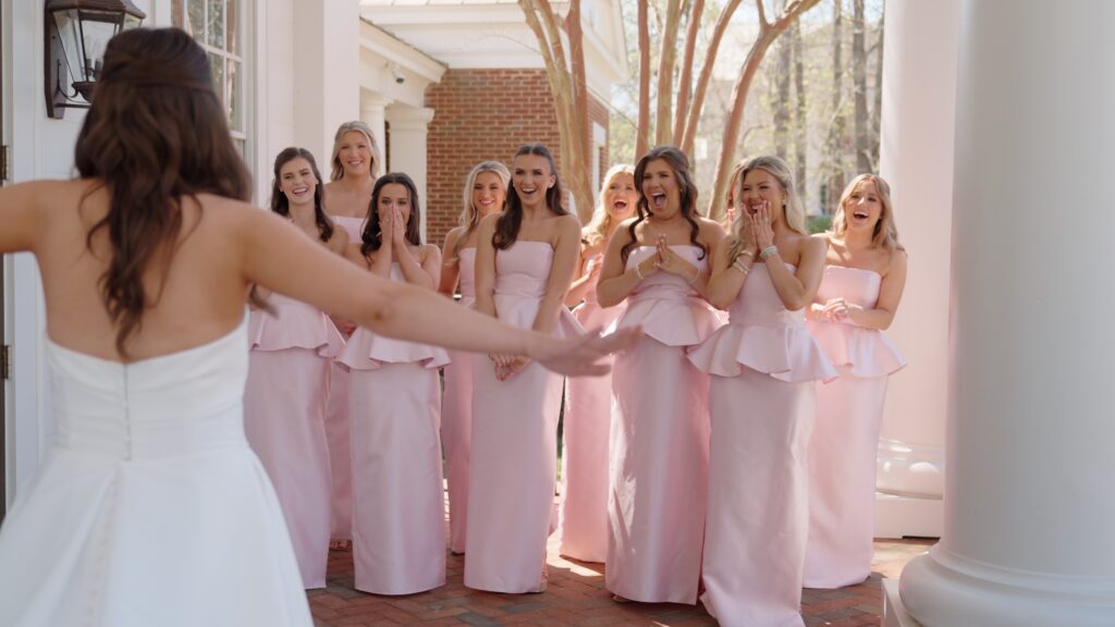 Bridesmaids reacting during first look in Hoover Alabama