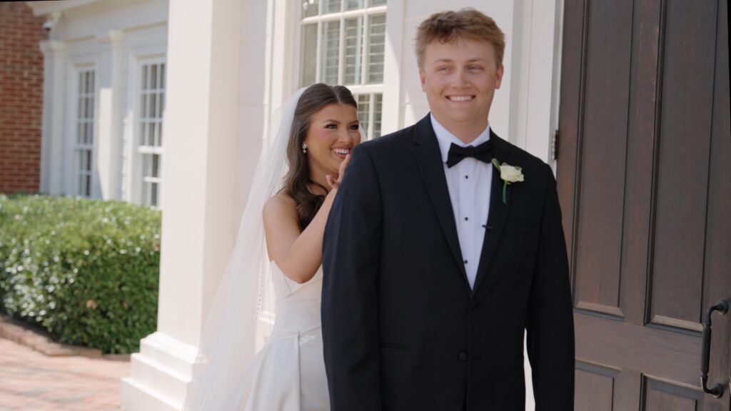 Groom seeing bride for first look at The Preserve Town Hall