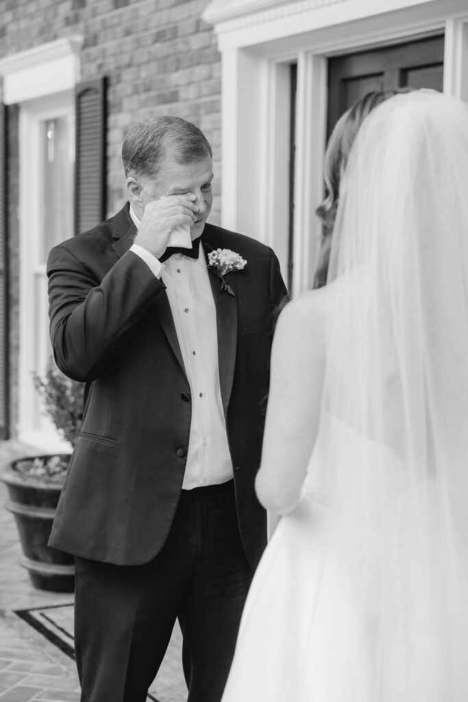 Emotional reactions during a first look with dad photographed by Birmingham wedding photographers.