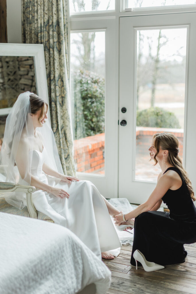 Bride getting ready for her elegant January wedding at Ridge Pointe near Birmingham, Alabama.
