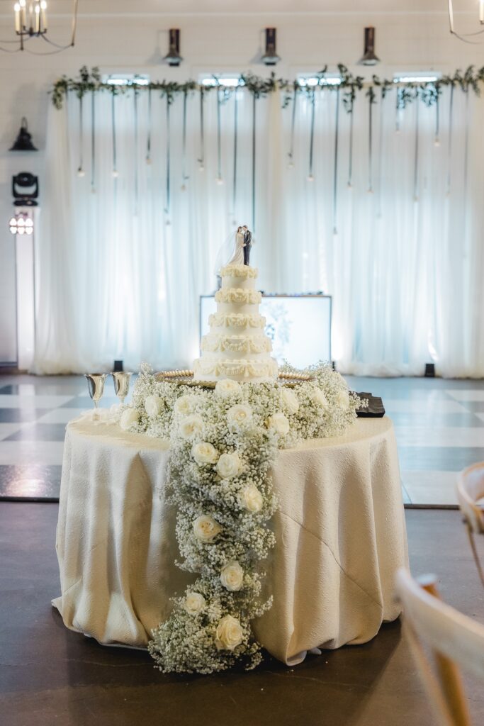 Elegant wedding cake displayed during a luxury Ridge Pointe wedding reception.