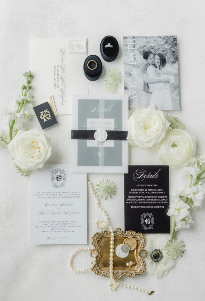 Wedding invitation suite, jewelry, shoes, and bridal details photographed at a Ridge Pointe wedding.