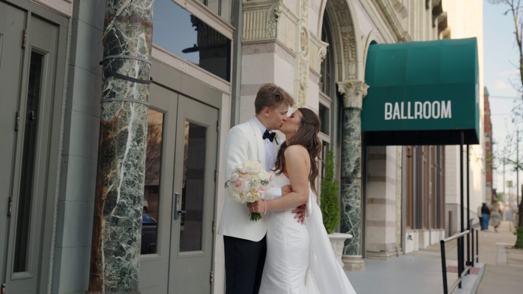 Sunset portraits of bride and groom in downtown Birmingham