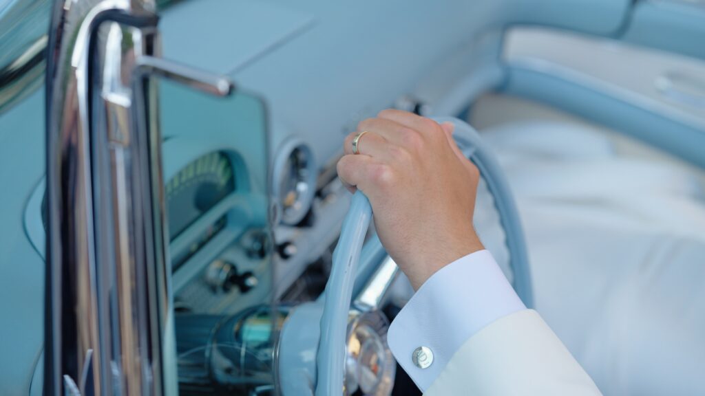 Vintage getaway car at Birmingham wedding