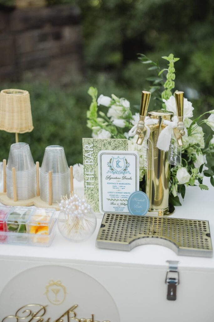 Posh Boho Mobile Bar setup at Kendall and Luke’s outdoor wedding reception in Birmingham Alabama
