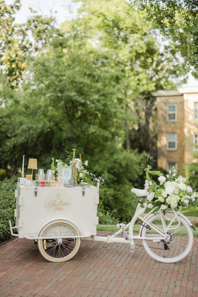 Posh Boho Mobile Bar setup at Kendall and Luke’s outdoor wedding reception in Birmingham Alabama
