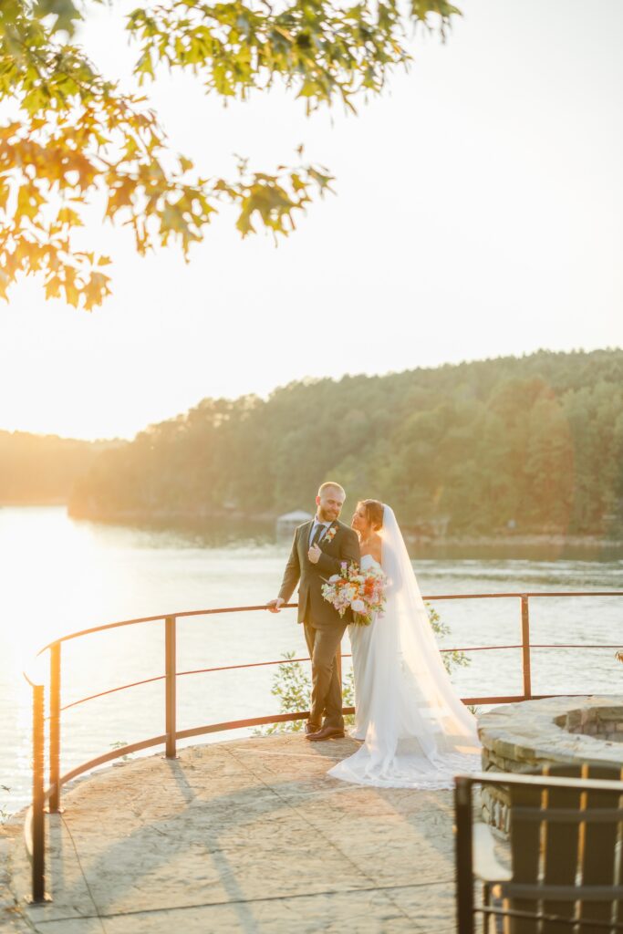 Bride and groom during golden hour at The Barn at Smith Lake
