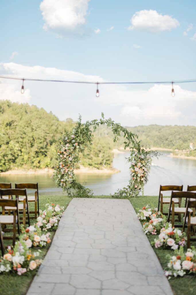 Outdoor wedding ceremony overlooking Smith Lake at The Barn at Smith