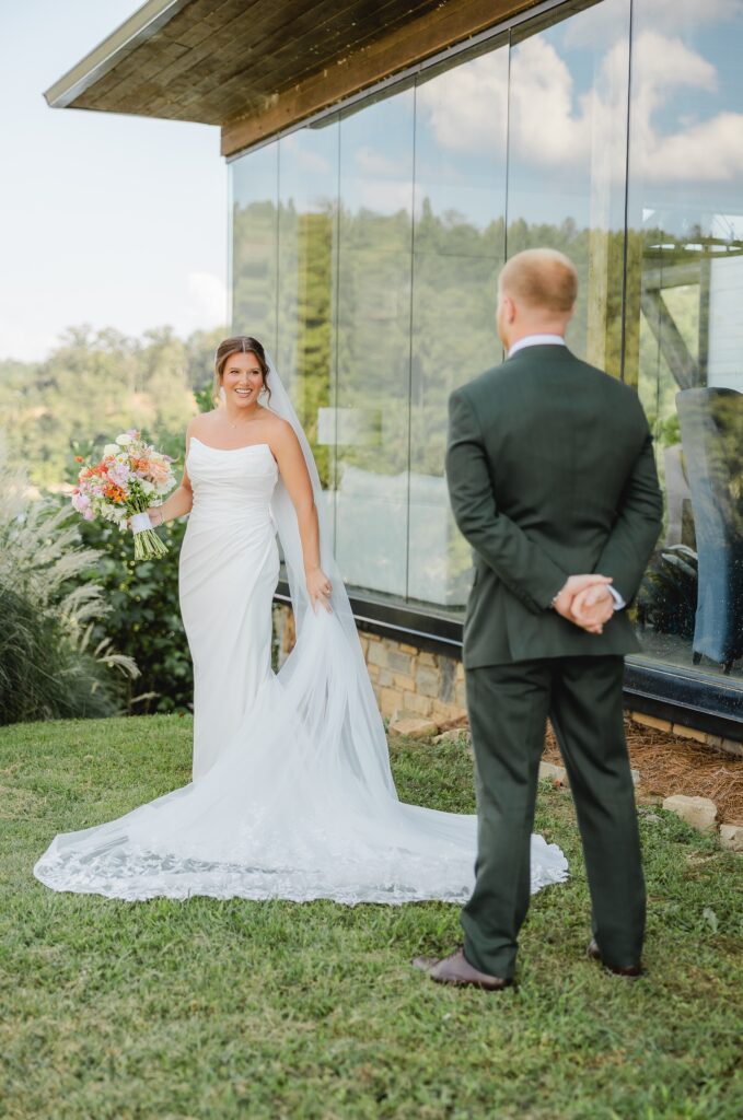 Reverse first look between Jack and Jess at The Barn at Smith Lake