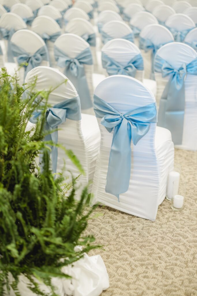 Wedding ceremony space prepared for Abby and Jonathan’s marriage at Mathew’s Manor.