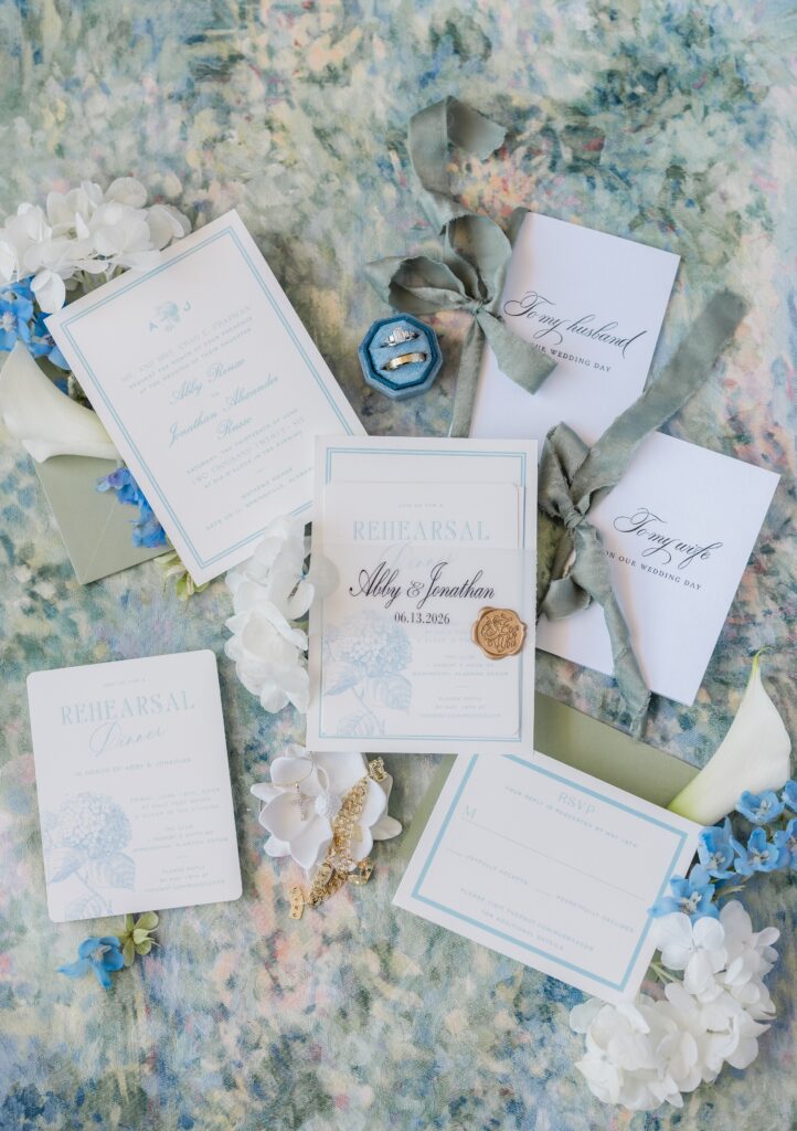 Wedding-day details arranged for Abby and Jonathan’s celebration at Mathew’s Manor.