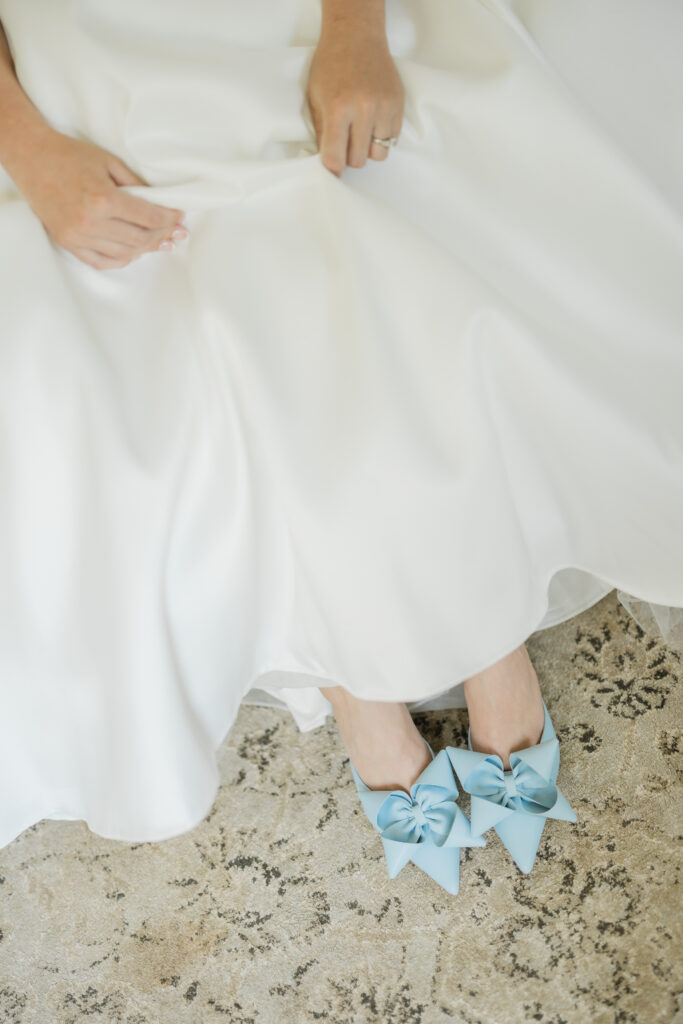 Close-up of Abby’s shoes arranged for her wedding day.